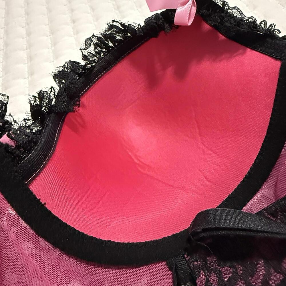 Victoria’s Secret Black Pink Babydoll Chemise Garters 36C Sexy Little Things - Picture 5 of 13